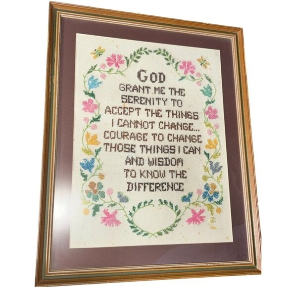 Serenity Prayer Cross Stitch Framed 12 Step Sober Handmade Flaws Maximalist AA - Picture 1 of 11